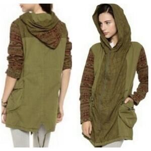 Free People Mixed Media Tapestry Hooded Parka Jacket Size S in Army Green